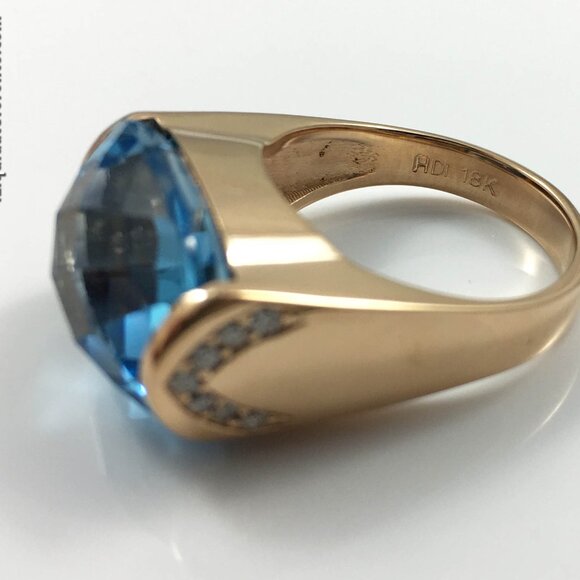 NWOT 18K Rose Gold Blue Topaz & Diamond Ring (Men or Women). - Picture 2 of 11